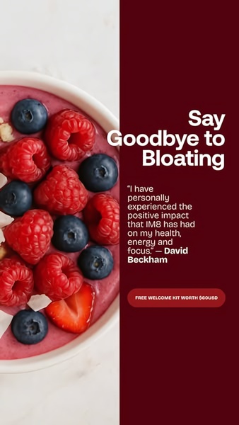 A vertical 9:16 ad creative featuring a bowl of berries and a prominent text-based quote from David Beckham praising the product's benefits.