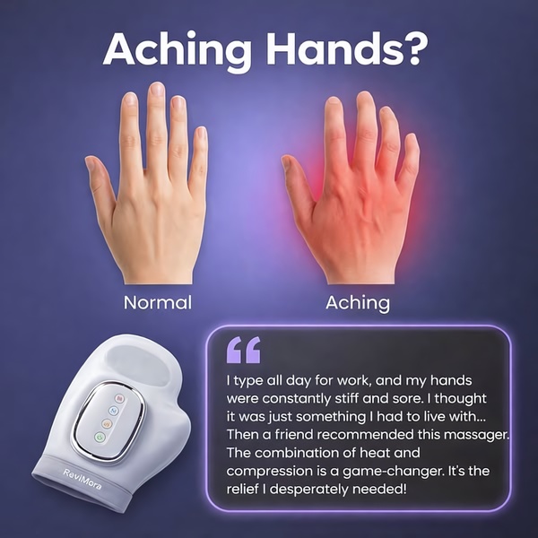 A split-screen comparison showing a hand in pain versus a normal hand, paired with a testimonial and the featured hand massager.