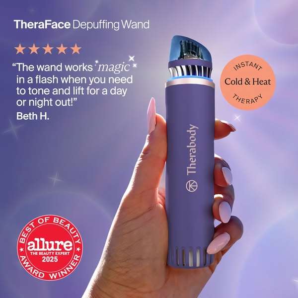 facial massage wand, depuffing wand, face massage tool, facial therapy device, skincare tool, beauty device, face roller, social proof, product launch, lifestyle, trustworthy, luxurious, purple, orange