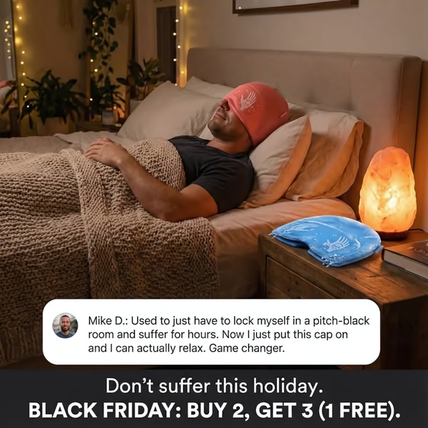 A dark-themed lifestyle ad featuring a user wearing a headache relief cap, supported by a customer testimonial and a Black Friday promotional offer.