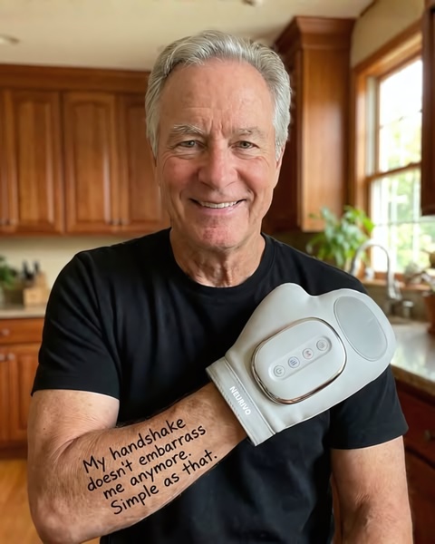 A clean, high-trust studio portrait featuring a user wearing the tremor relief glove with text focusing on the emotional relief of restored hand function.