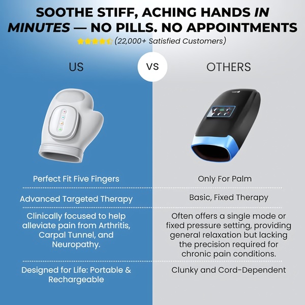 A split-screen comparison layout highlighting the specific functional benefits and portability of a hand massager versus generic alternatives.