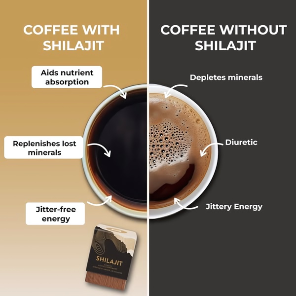 Square split-screen comparison of regular coffee on one side and coffee with shilajit on the other, with labeled callouts and arrows and a product pack at the bottom center