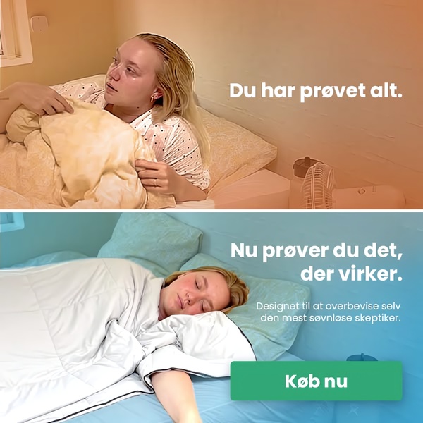 A split-screen ad showing a restless user struggling in bed followed by a peaceful, deep sleep under a weighted blanket.