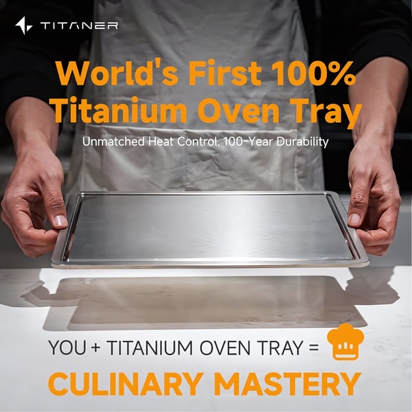 This static square creative highlights a premium titanium kitchen product using high-contrast typography and a clean, expert-focused visual presentation.