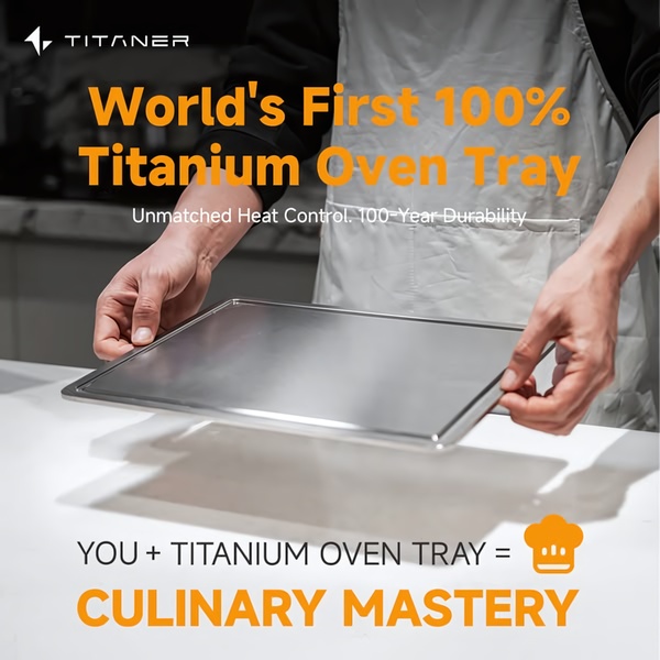 A high-contrast 1:1 image demonstrating a Titanium Oven Tray being held by a chef, utilizing a direct value proposition hook.