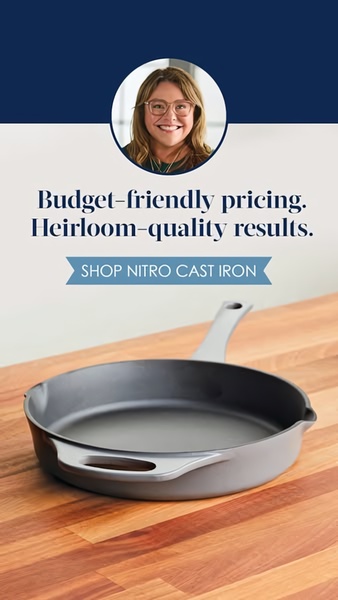 A vertical-format ad creative featuring a portrait of a culinary expert above a product shot of a cast iron skillet on a wooden surface.