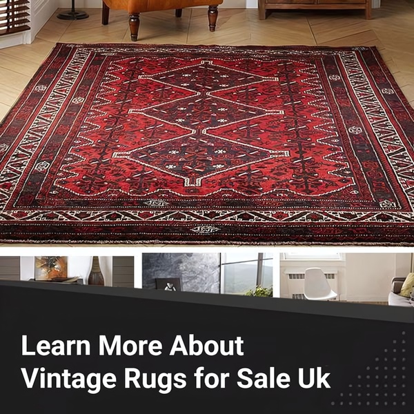 This ad creative utilizes a clear product-focused lifestyle shot of a vintage rug paired with a direct call-to-action to drive traffic.