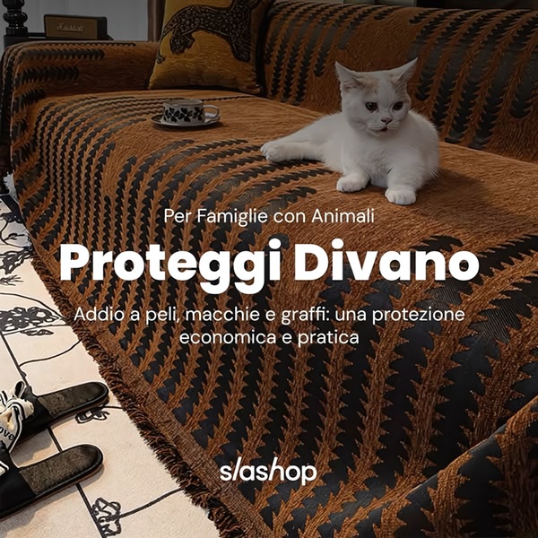 This static square ad for a sofa cover uses a pet-focused lifestyle image to communicate a solution to household maintenance pain points.