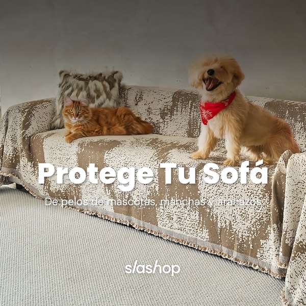 A square-format static ad showing a cat and a dog resting peacefully on a textured sofa cover, clearly demonstrating furniture protection for pet owners.