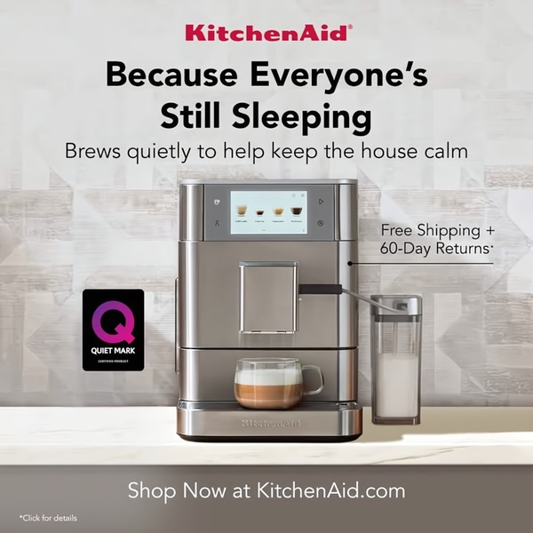 A square-formatted product ad for a high-end espresso machine that highlights its quiet operation as a key lifestyle benefit for families.