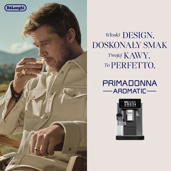 A high-end lifestyle creative featuring a celebrity drinking coffee next to an automated espresso machine, emphasizing Italian design and luxury.