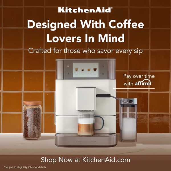 A clean, high-contrast product advertisement for a kitchen coffee maker that highlights lifestyle benefits and financing options.
