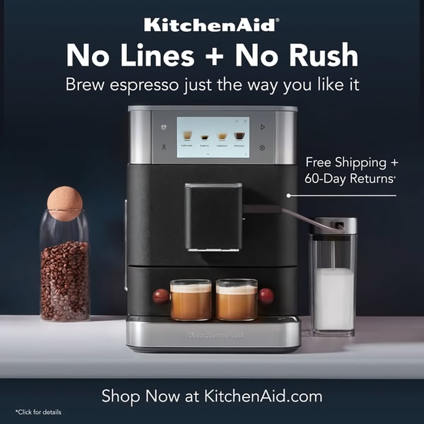 A clean, studio-lit ad creative for an espresso machine, highlighting ease of use and premium product aesthetics.