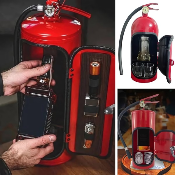 A close-up view showing a functional fire extinguisher repurposed into a stylish, hidden mini bar for spirits and glassware.