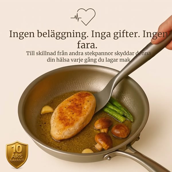 A 1:1 format ad creative for a frying pan that highlights health benefits by emphasizing the absence of harmful coatings.