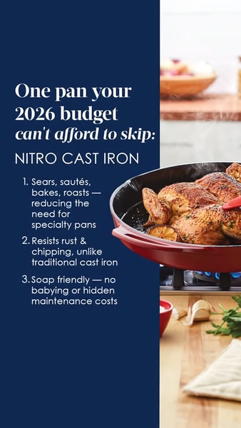 A vertical-format static ad highlighting the maintenance and versatility benefits of Nitro Cast Iron cookware through a clear, three-point listicle format.