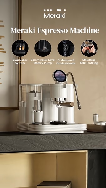 A high-end product advertisement featuring a clear four-point breakdown of key technical espresso machine specifications.