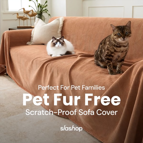A clean, minimalist 1:1 image showing two cats sitting comfortably on a textured sofa cover, highlighting the product as an essential for pet-owning households.