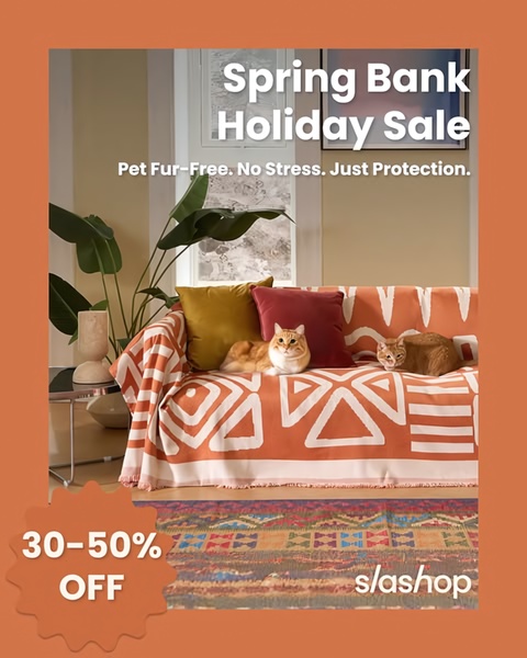 A 4:5 vertical ad showcasing a patterned sofa cover in a warm, domestic setting with cats, highlighting a 30-50% off holiday discount.