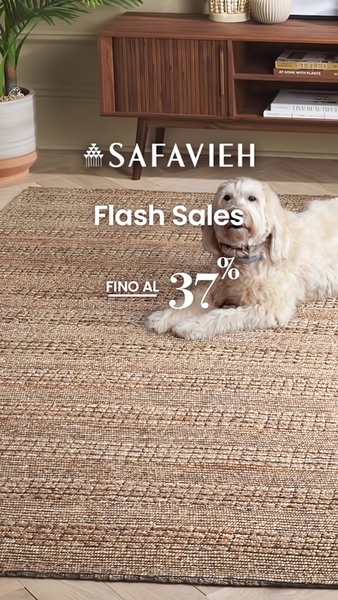 A vertically-oriented promotional creative featuring a pet resting on a textured area rug to convey comfort and home aesthetics alongside a clear percentage-off offer.