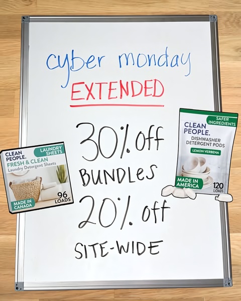 A whiteboard-style promotional ad highlighting a 30% discount on bundles and 20% site-wide sale for laundry and dishwasher detergent products.
