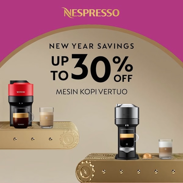 A minimalist, square-format advertisement for a coffee machine brand highlighting a 30% discount during a seasonal sale event.