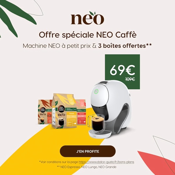 A clean, high-contrast promotional ad showing a coffee machine and three coffee pod boxes with a clear price drop and call to action.