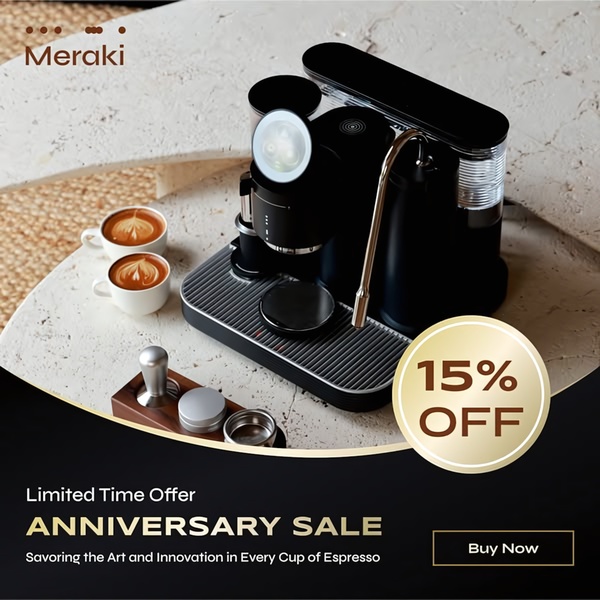 A refined product-focused advertisement featuring an espresso machine with a clear 15% off promotional badge.