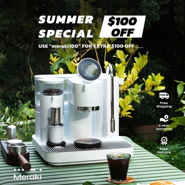 A clean, high-contrast lifestyle advertisement for a high-end coffee maker, highlighting a significant discount and key purchase benefits.