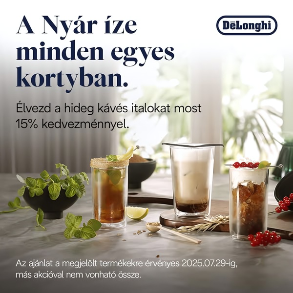 A high-quality lifestyle image of three cold coffee-based drinks with a promotional discount offer for a coffee machine brand.