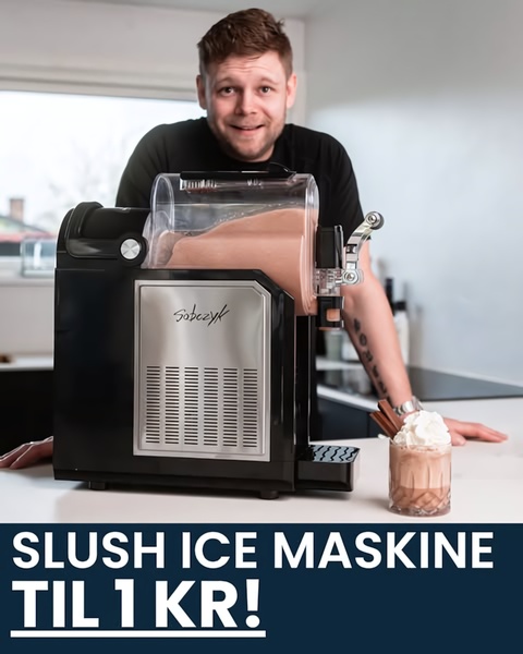 A man poses confidently next to a home slush ice machine with a finished product, accompanied by a bold, high-contrast price offer text.