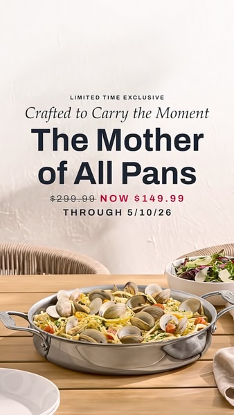 This static creative showcases a high-end stainless steel skillet filled with a pasta dish, emphasizing a clear limited-time offer.