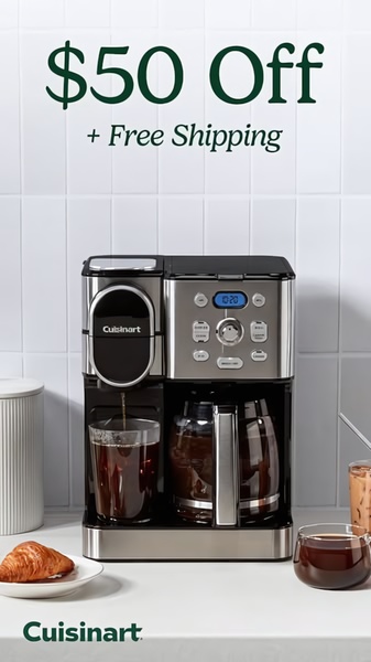 A high-conversion 9:16 vertical ad featuring a coffee maker with a clear dollar-off incentive and free shipping offer.