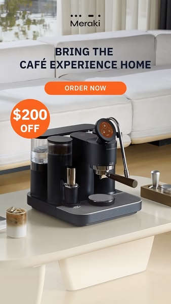 This creative showcases a premium espresso machine in a modern living space with a prominent discount highlight to trigger immediate purchase interest.