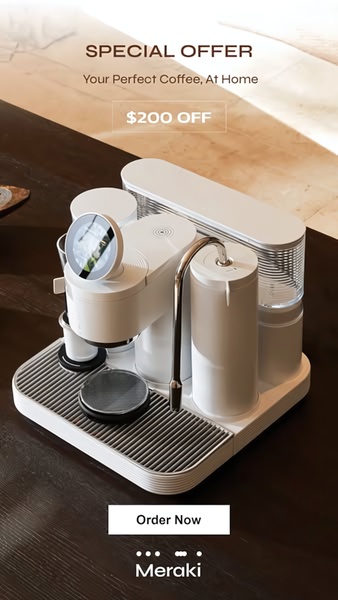 A high-end, clean-aesthetic coffee machine is presented against a neutral background with a clear discount offer.