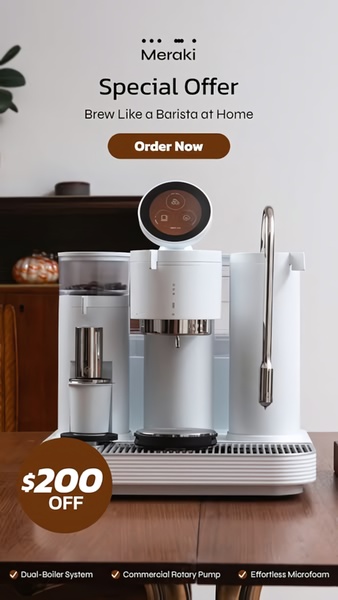 A high-conversion creative showcasing an espresso machine with a direct $200 off offer, product benefits, and clear CTA.