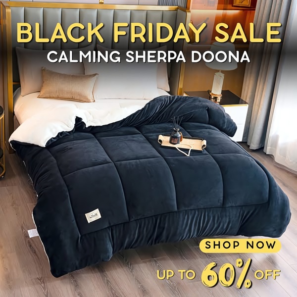 A high-contrast 1:1 image featuring a luxury sherpa doona on a neatly made bed, utilizing gold text overlays to emphasize a seasonal Black Friday discount.