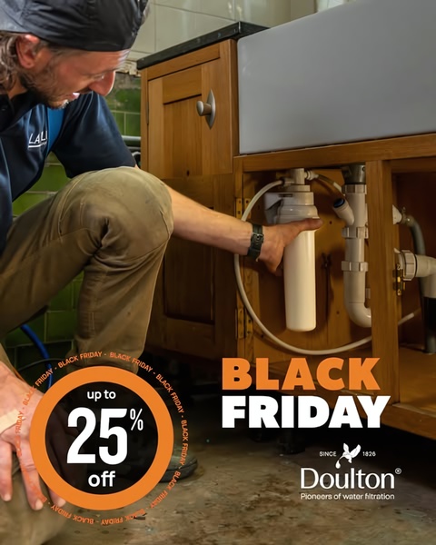 A technician installs a water filtration system under a kitchen sink, overlaid with a clear Black Friday 25% off promotional badge.