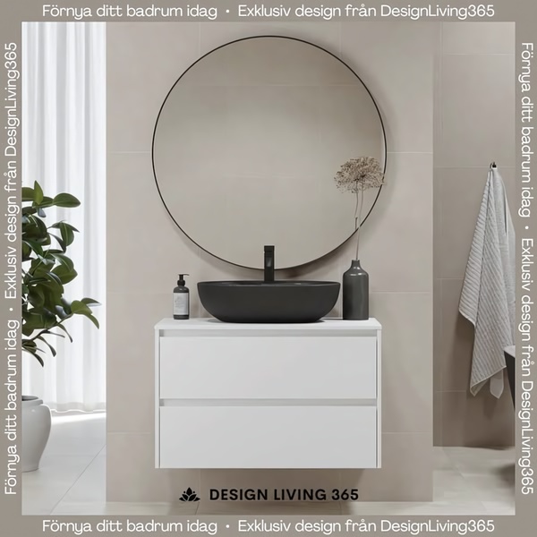 This ad creative features a wall-mounted white vanity with a dark basin and circular mirror, utilizing a neutral, high-end studio aesthetic.
