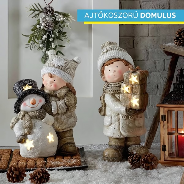 A high-quality image of two festive figurines in a cozy winter setting, illuminated by soft golden fairy lights.