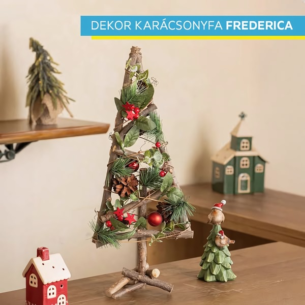 A rustic, minimalist wooden Christmas tree ornament decorated with pine needles, berries, and ornaments, captured in a clean, seasonal indoor lifestyle setting.