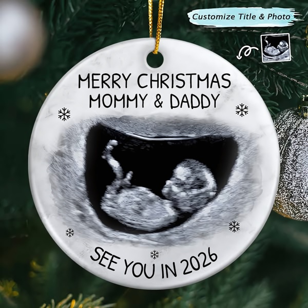 A square-ratio holiday ornament showcasing a personalized ultrasound image, emphasizing custom gifts for expectant parents.