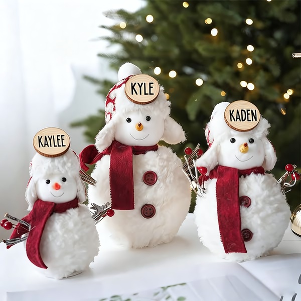 A close-up studio shot of three plush snowman figurines wearing red scarves and hats, each holding a wooden name tag with a unique name.