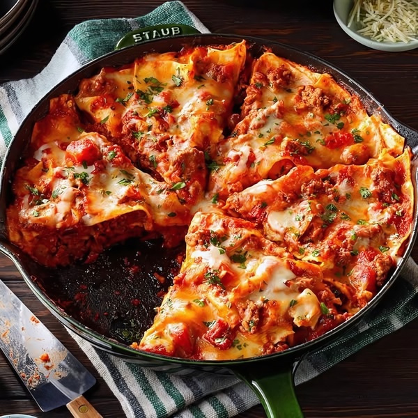 A high-resolution, top-down view of a freshly cooked lasagna in a green cast-iron skillet, emphasizing rich textures and melted cheese to trigger appetite.