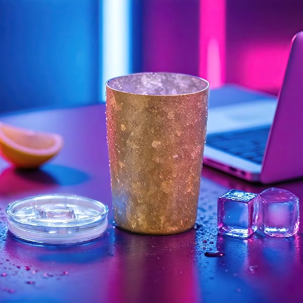 A high-end, square-ratio product hero shot featuring a textured gold insulated tumbler surrounded by condensation, ice cubes, and a lemon wedge under vibrant neon lighting.
