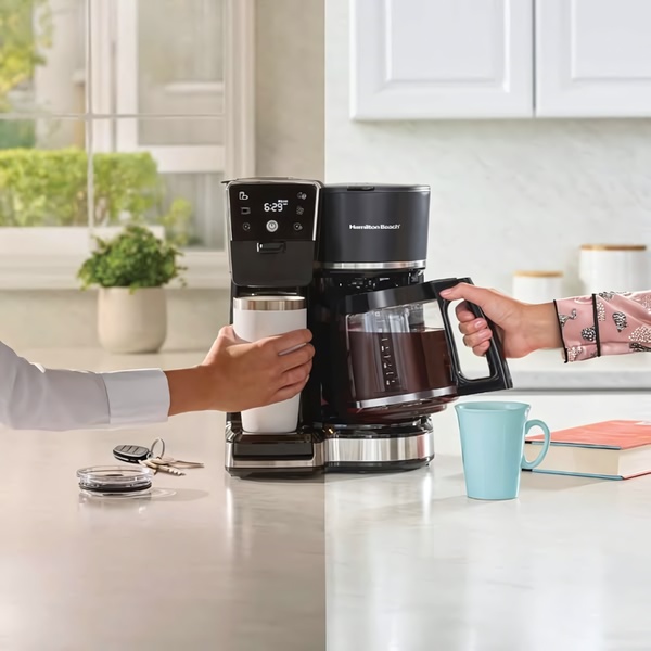 A split-screen creative showing a single coffee maker serving two different morning routines simultaneously, highlighting product versatility.