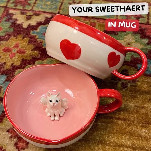 A high-quality 1:1 image featuring a ceramic mug with heart motifs and an interior 3D ceramic cat sculpture, used for product-focused advertising.