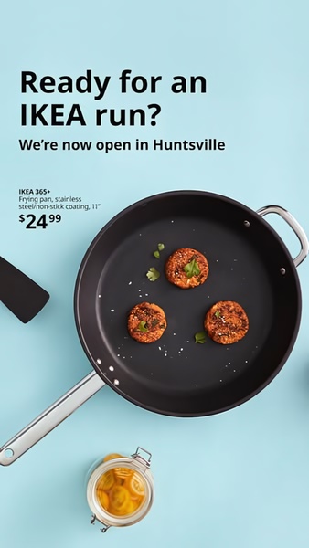 This ad creative highlights a stainless steel frying pan with a minimalist top-down photography style to drive local store traffic.