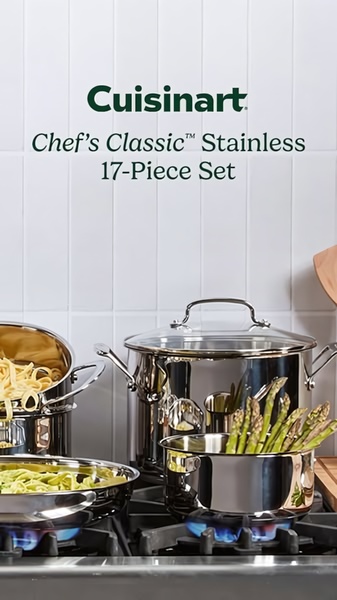 A clean, high-contrast product-focused vertical ad showcasing premium stainless steel cookware in a functional kitchen setting.